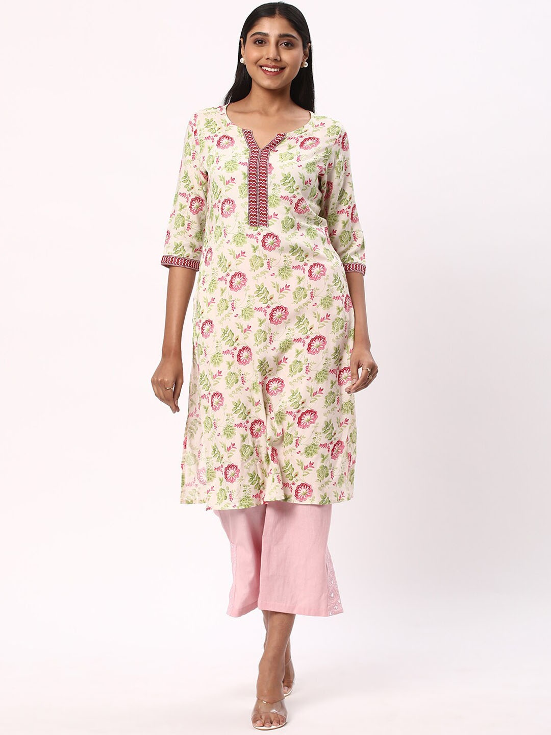 

R&B Floral Printed Notched Neck Straight Kurta, White