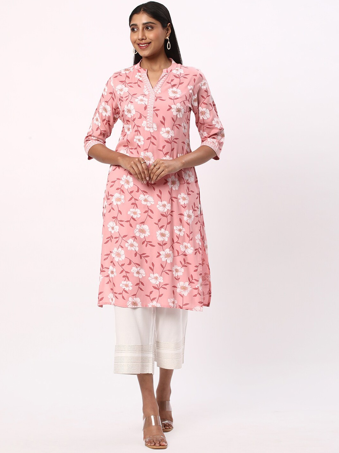 

R&B Floral Printed Mandarin Collar Straight Kurta, Pink