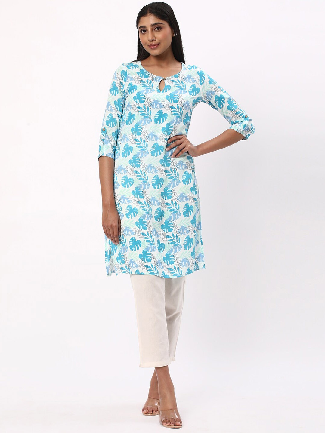 

R&B Floral Printed Keyhole Neck Straight Kurta, White