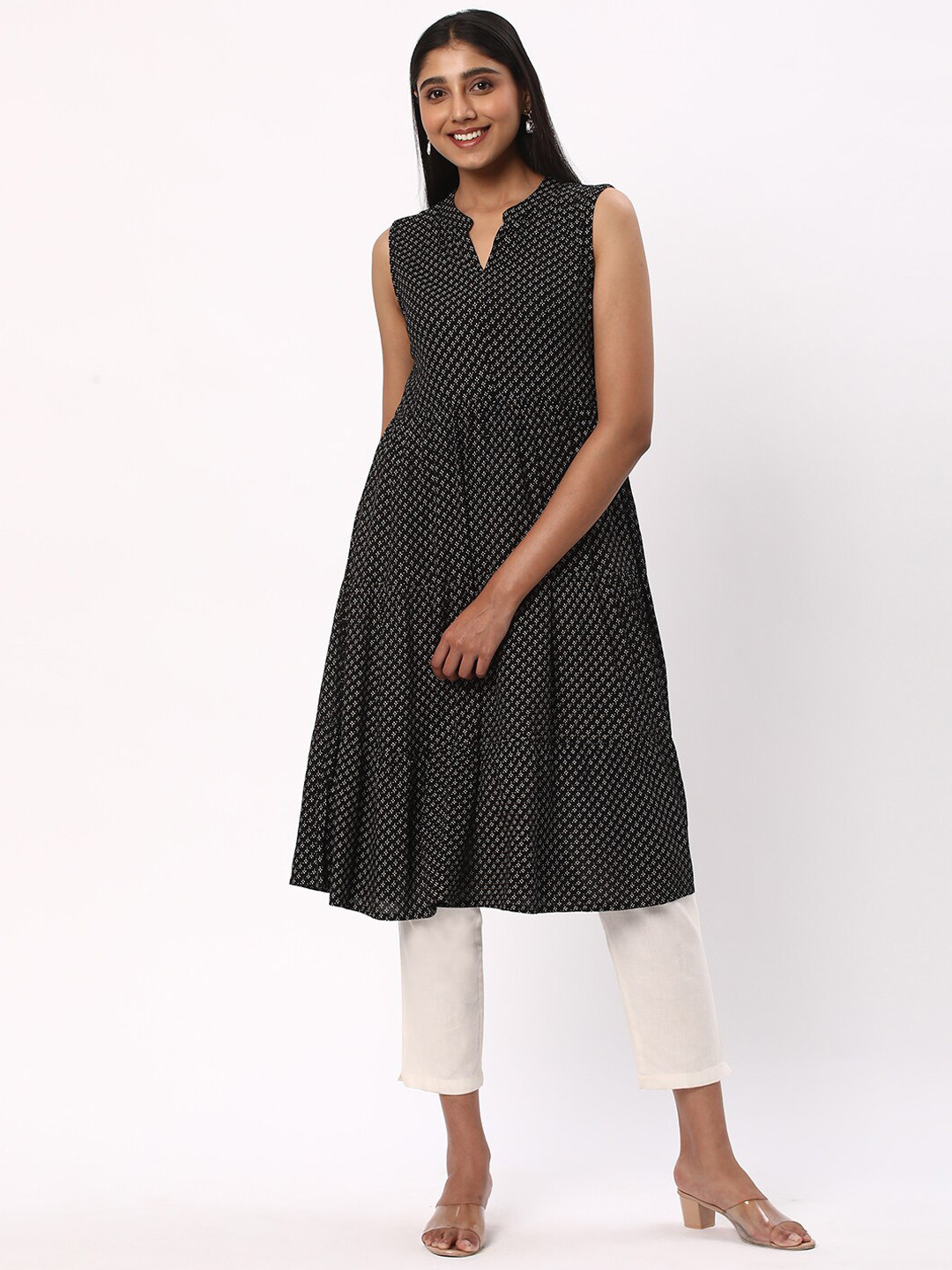 

R&B Abstract Printed Mandarin Collar Cotton A-Line Kurta, Black
