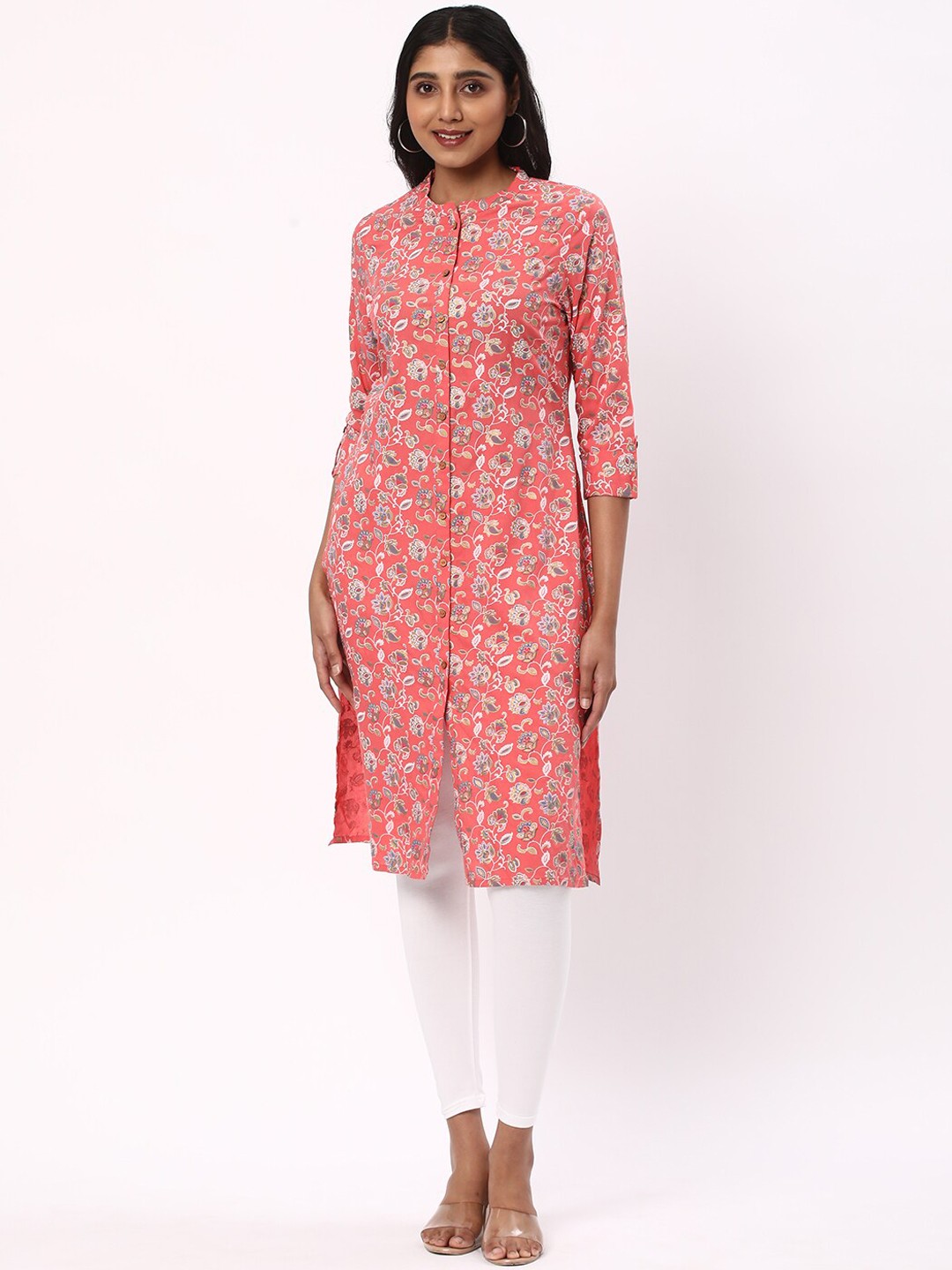 

R&B Ethnic Motifs Printed Mandarin Collar Cotton Kurta, Peach