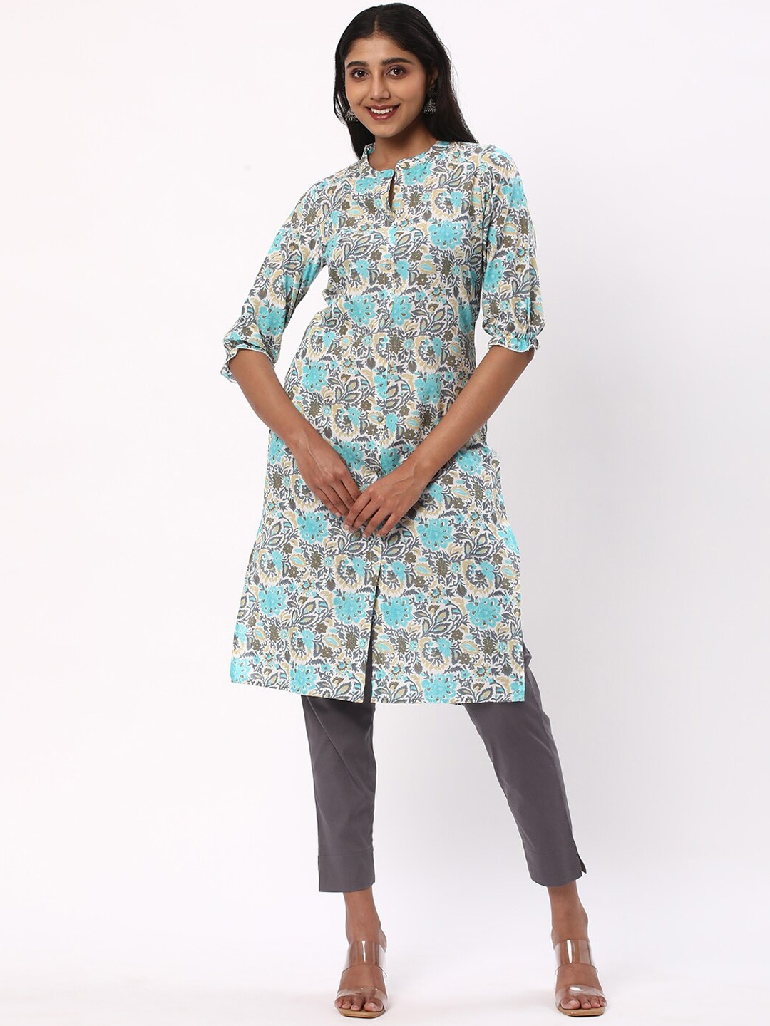 

R&B Floral Printed Mandarin Collar Cotton Kurta, Blue