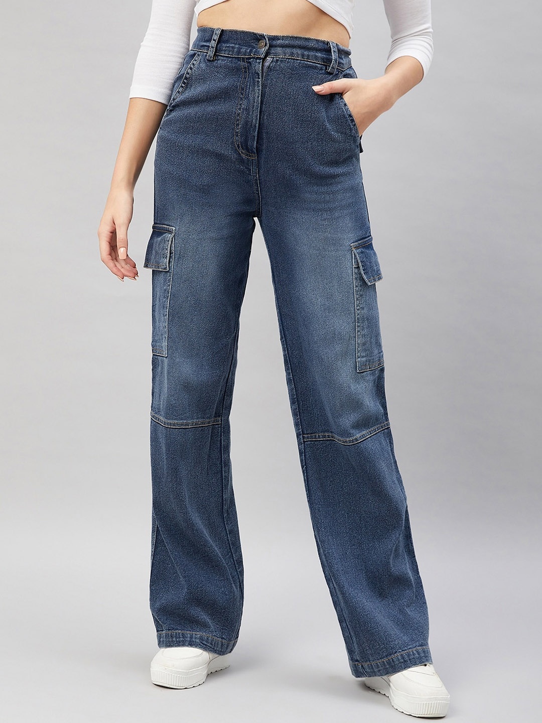 

Orchid Hues Women High-Rise Light Fade Cargo Jeans, Blue