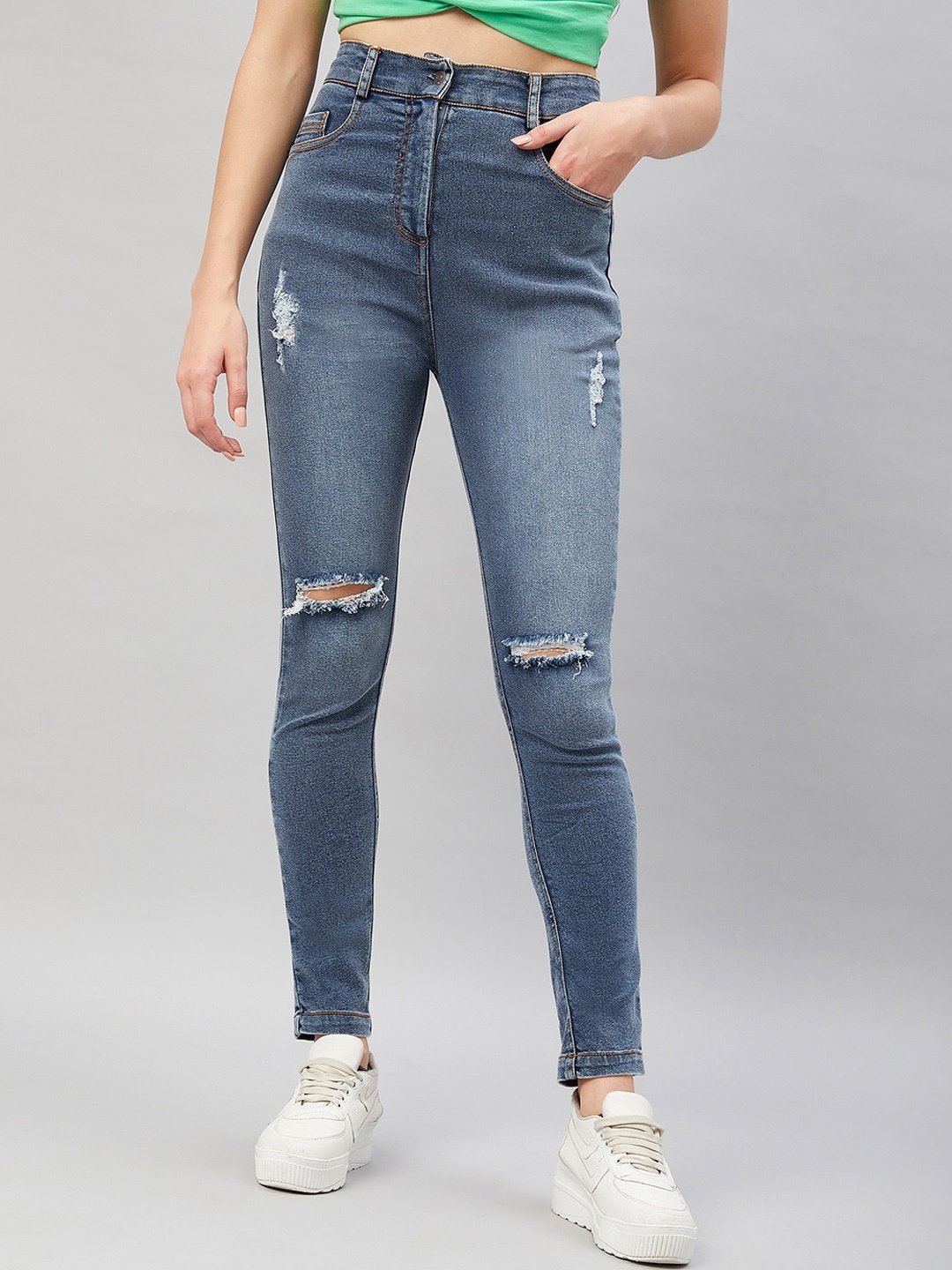 

Orchid Blues Women Skinny Fit High-Rise Mildly Distressed Heavy Fade Jeans, Blue