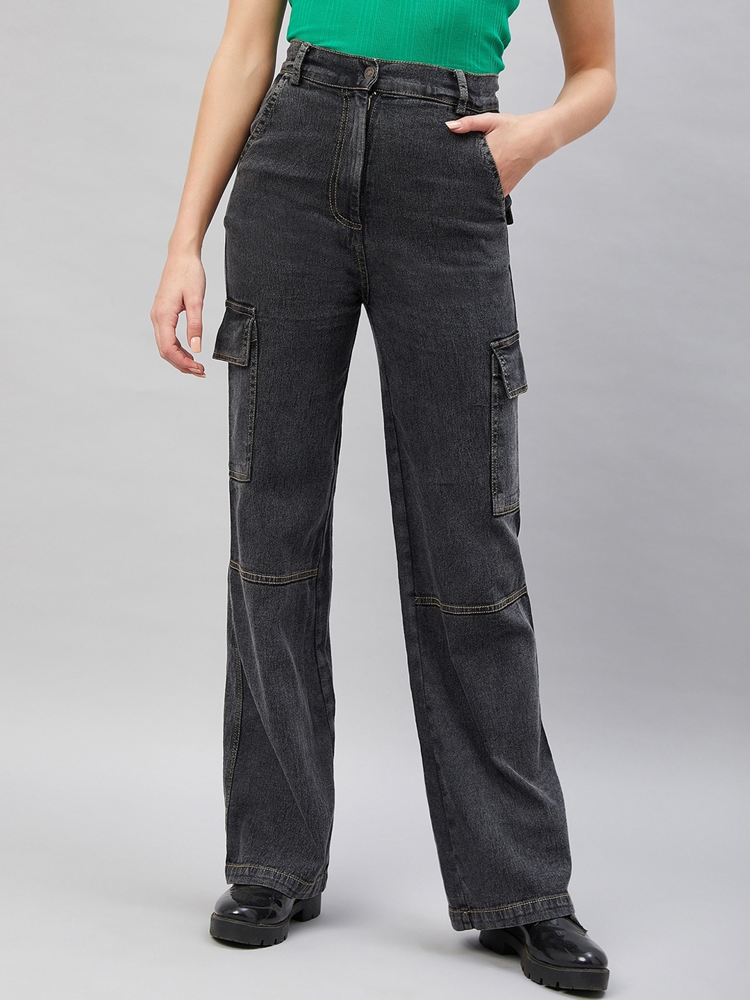 

Orchid Blues Women Flared High Rise Clean Look Light Fade Stretchable Jeans, Black