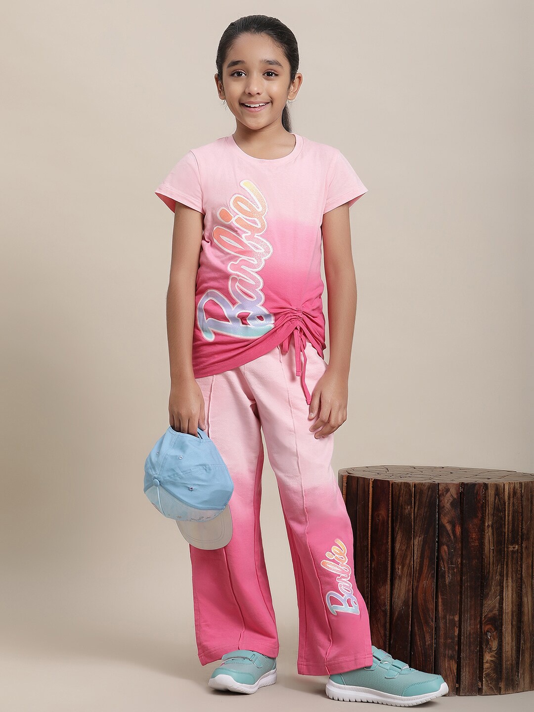 

Kids Ville Girls Barbie Printed Pure Cotton Ruched Top With Trouser, Pink