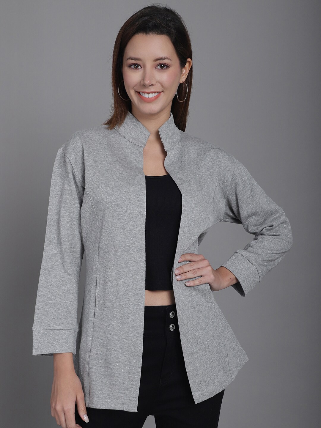

urSense Stand Collar Fleece Open Front Shrug, Grey
