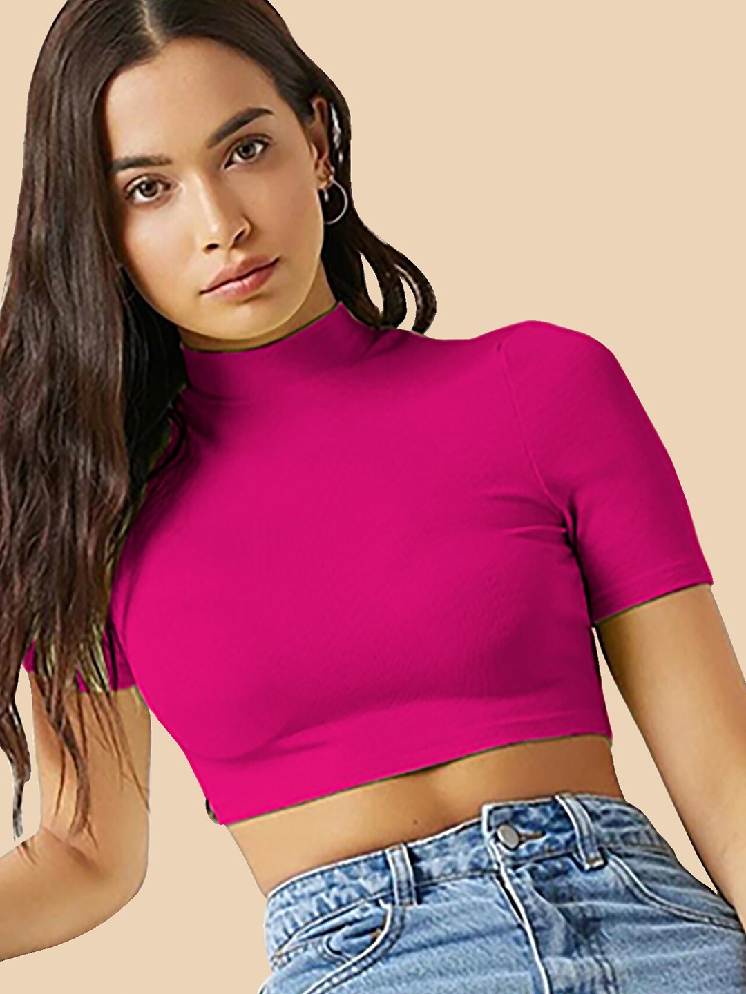 

Dream Beauty Fashion High Neck Short Sleeves Opaque Fitted Crop Top, Pink