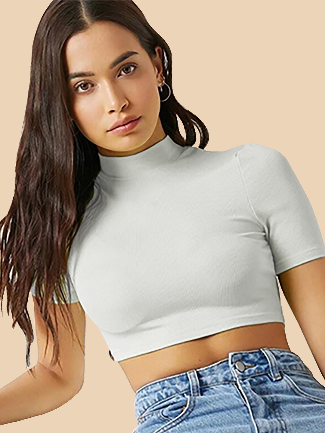 

Dream Beauty Fashion High Neck Short Sleeves Opaque Fitted Crop Top, White
