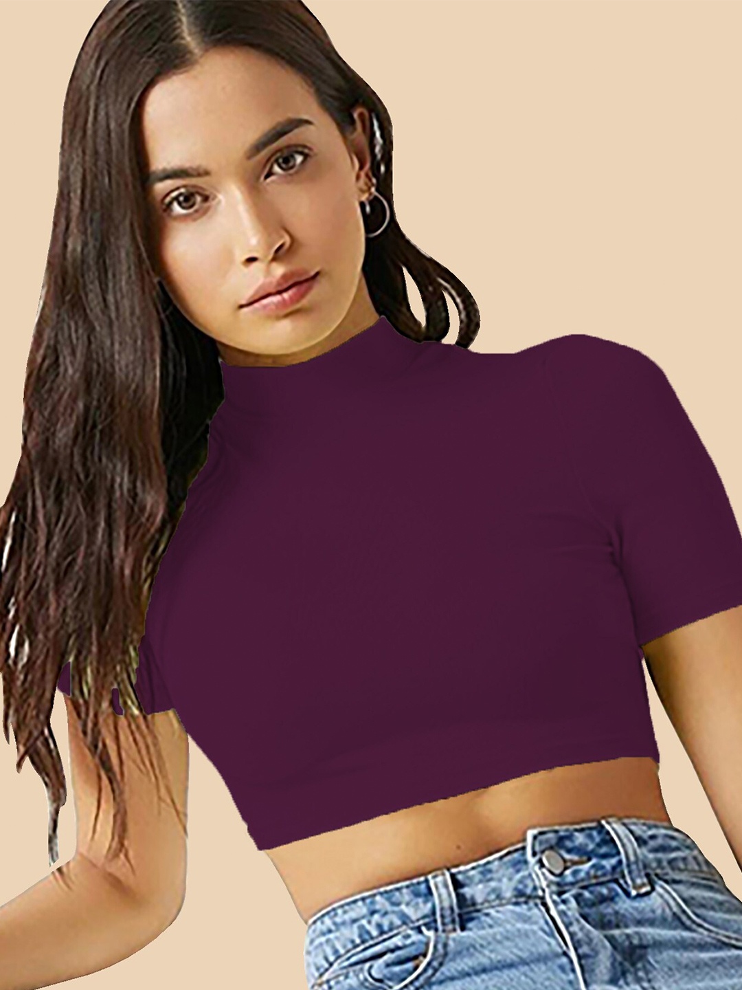 

Dream Beauty Fashion High Neck Short Sleeves Opaque Fitted Crop Top, Burgundy