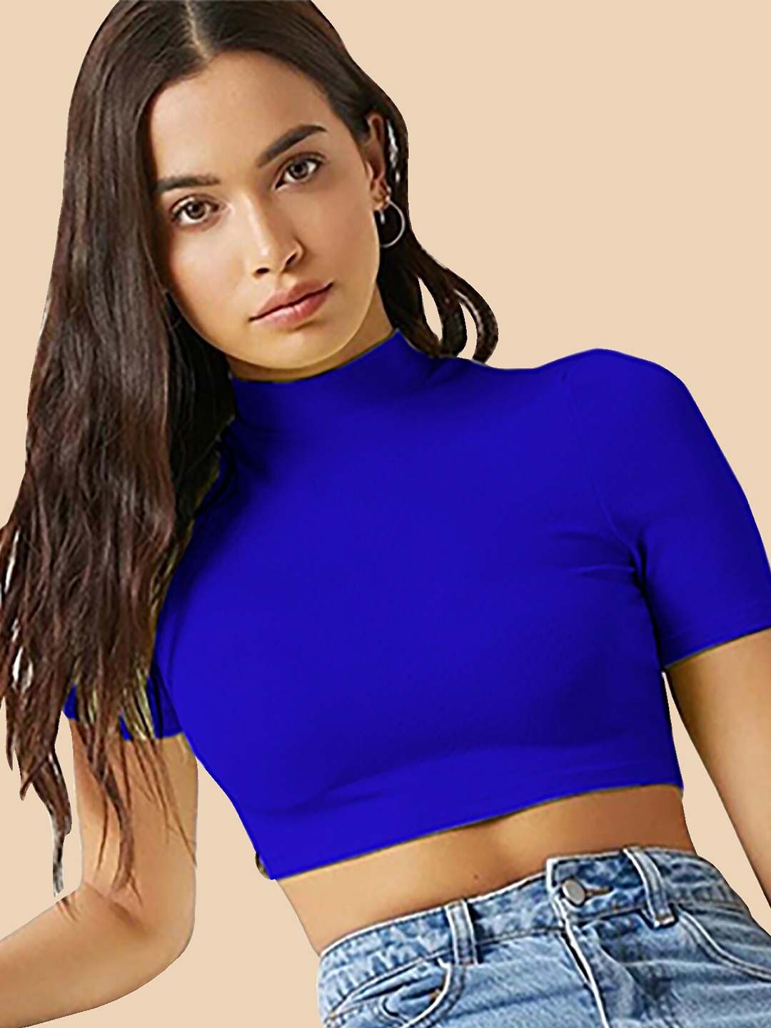 

Dream Beauty Fashion High Neck Short Sleeves Opaque Fitted Crop Top, Blue