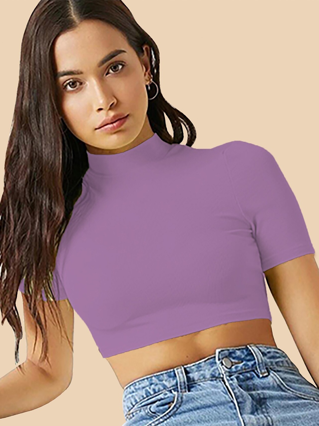 

Dream Beauty Fashion High Neck Fitted Opaque Casual Crop Top, Lavender