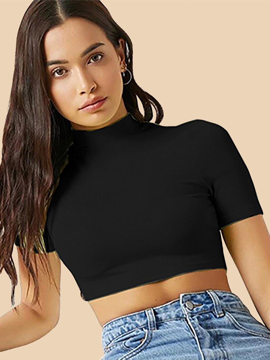 

Dream Beauty Fashion High Neck Fitted Opaque Casual Crop Top, Black
