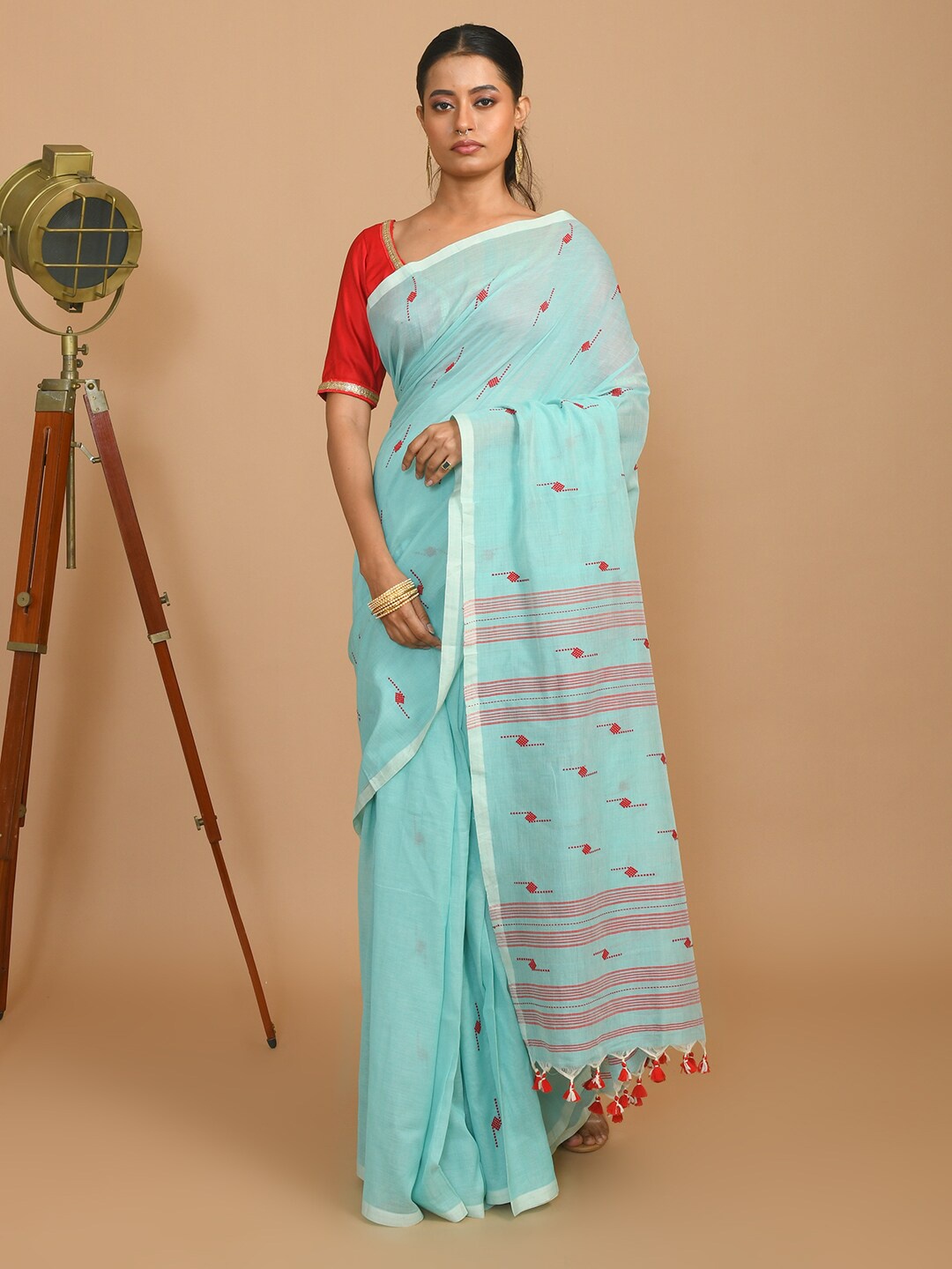 Indethnic Ethnic Motifs Woven Design Pure Cotton Jamdani Saree, Blue
