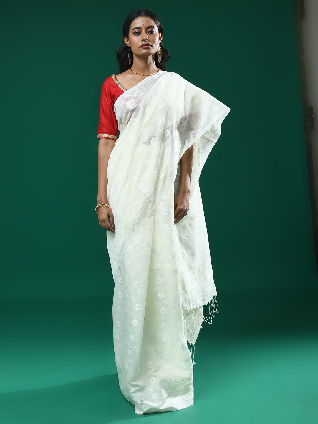 

Indethnic Ethnic Motifs Woven Design Jamdani Saree, White