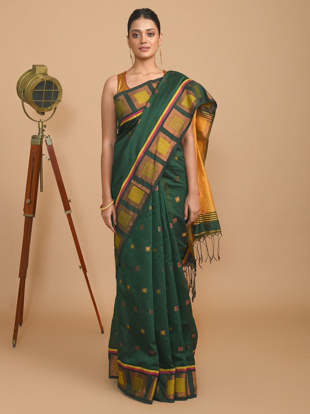 

Indethnic Ethnic Motifs Woven Design Zari Jamdani Saree, Green