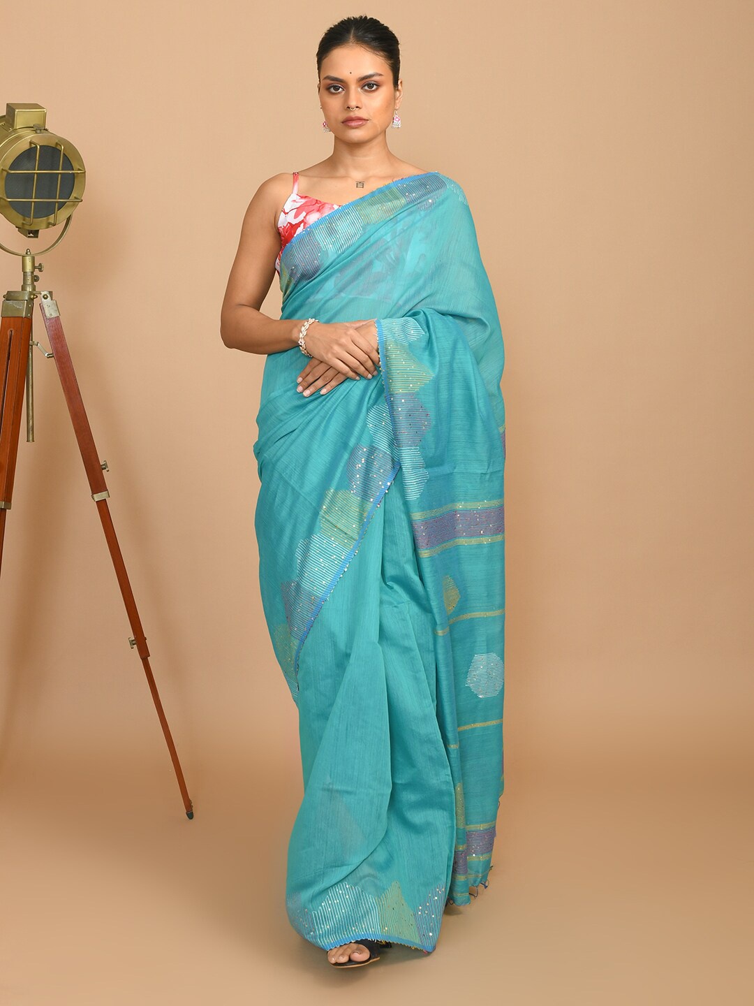 

Indethnic Sequinned Jamdani Saree, Blue