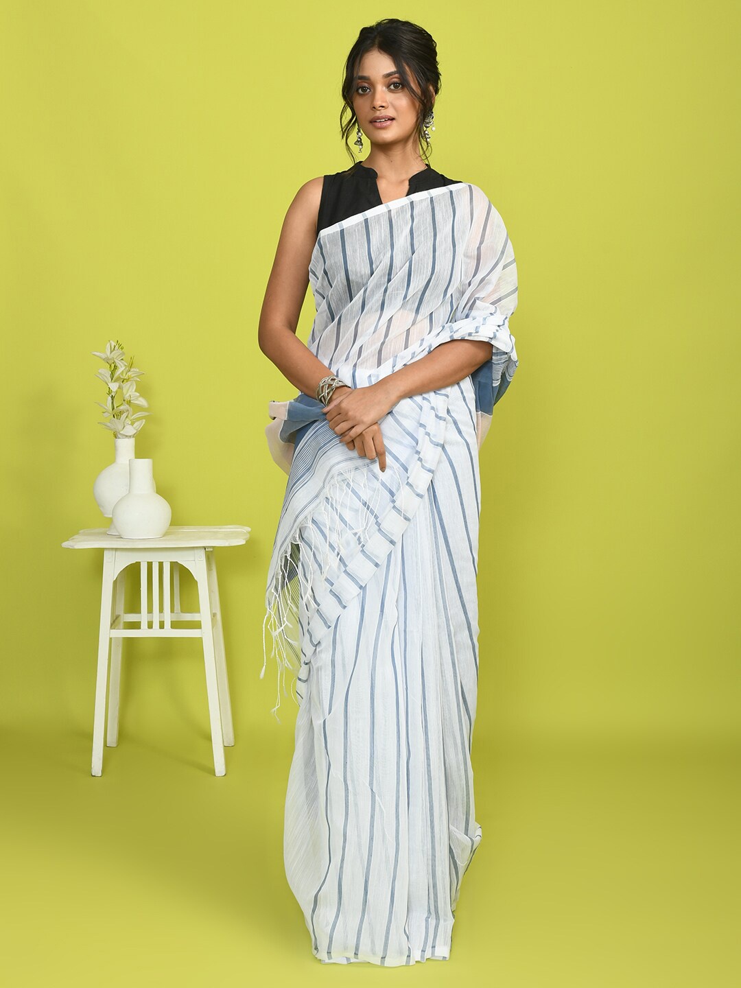 Indethnic Striped Saree, White