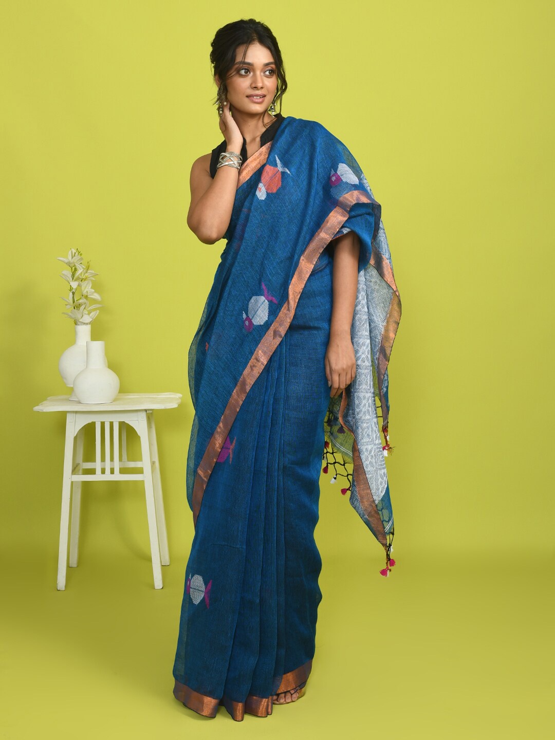 Indethnic Ethnic Motifs Woven Design Zari Pure Linen Jamdani Saree, Blue