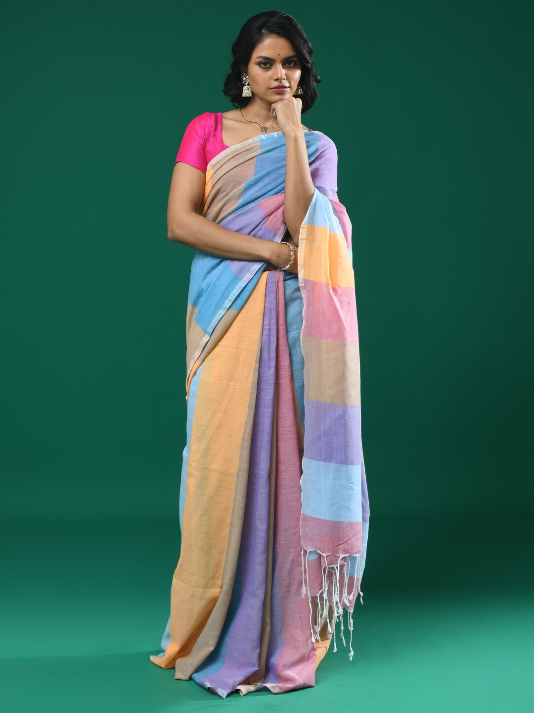 

Indethnic Colourblocked Pure Cotton Saree, Blue