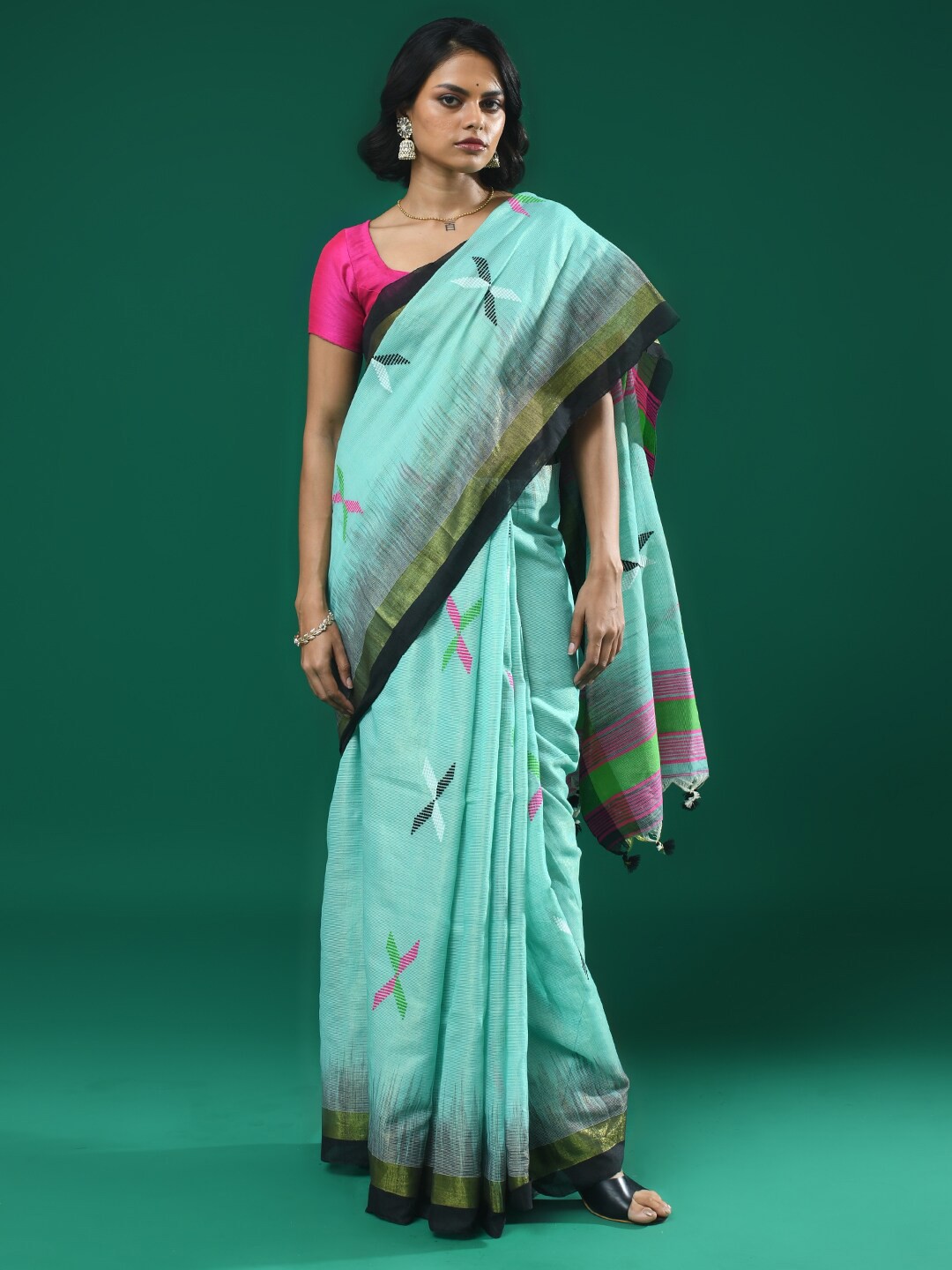 

Indethnic Geometric Woven Design Pure Cotton Jamdani Saree, Blue