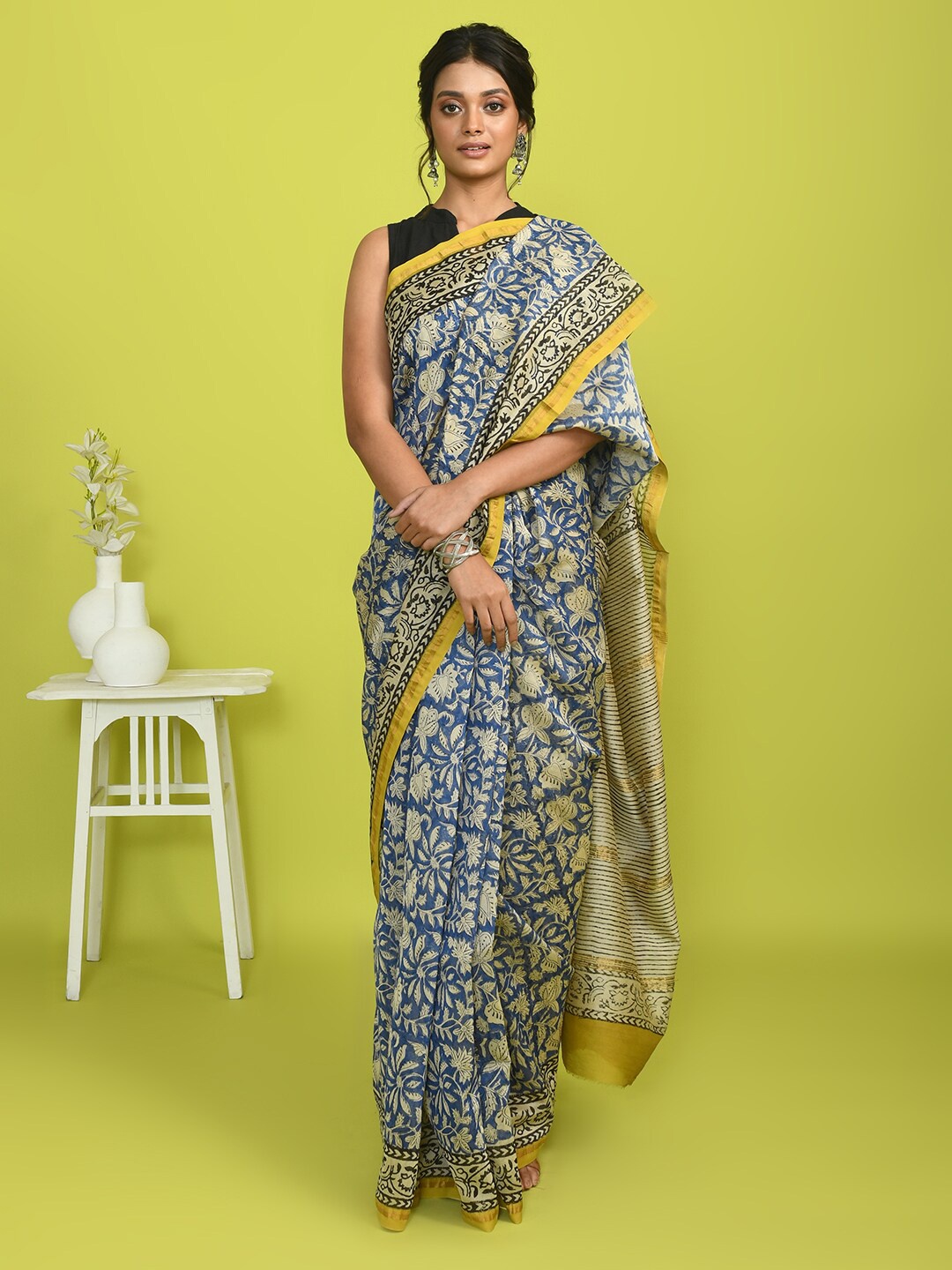 

Indethnic Floral Printed Silk Cotton Bagru Saree, Blue