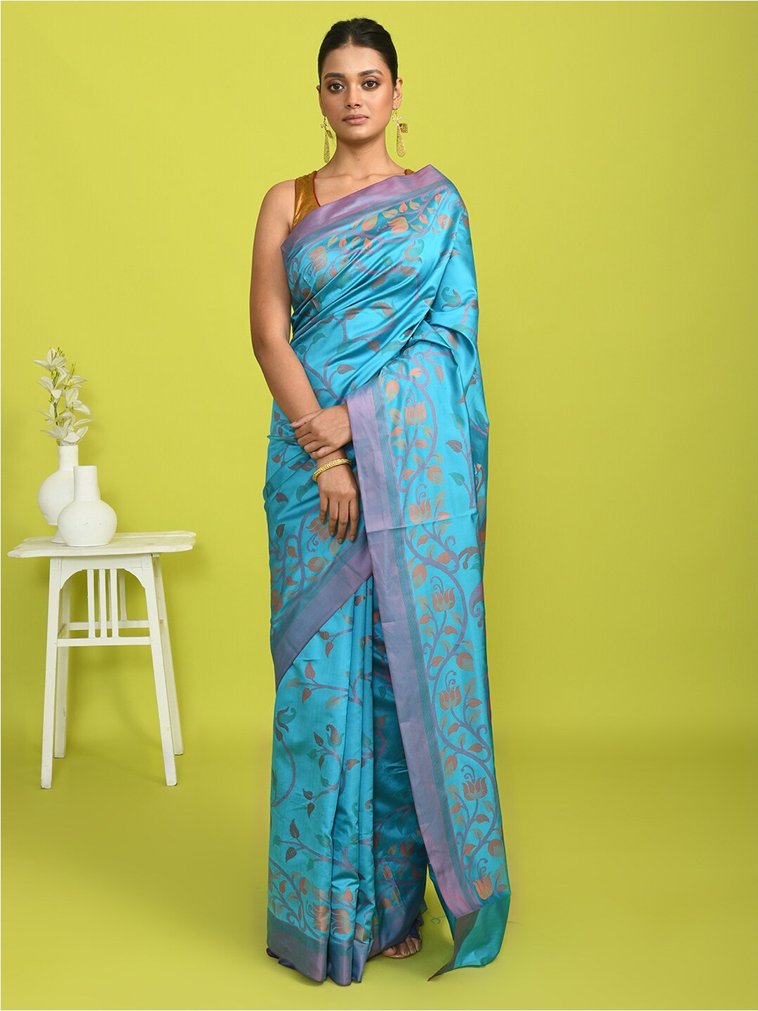 Indethnic Floral Woven Design Zari Jamdani Saree, Blue