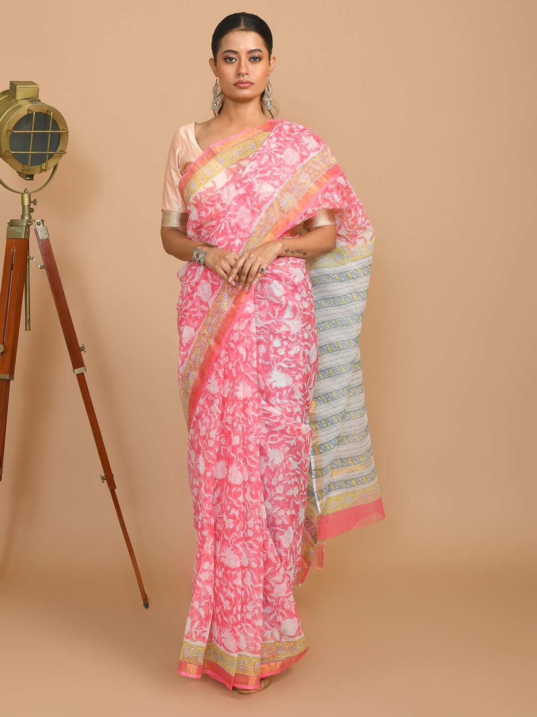 

Indethnic Floral Printed Zari Silk Cotton Bagru Saree, Pink