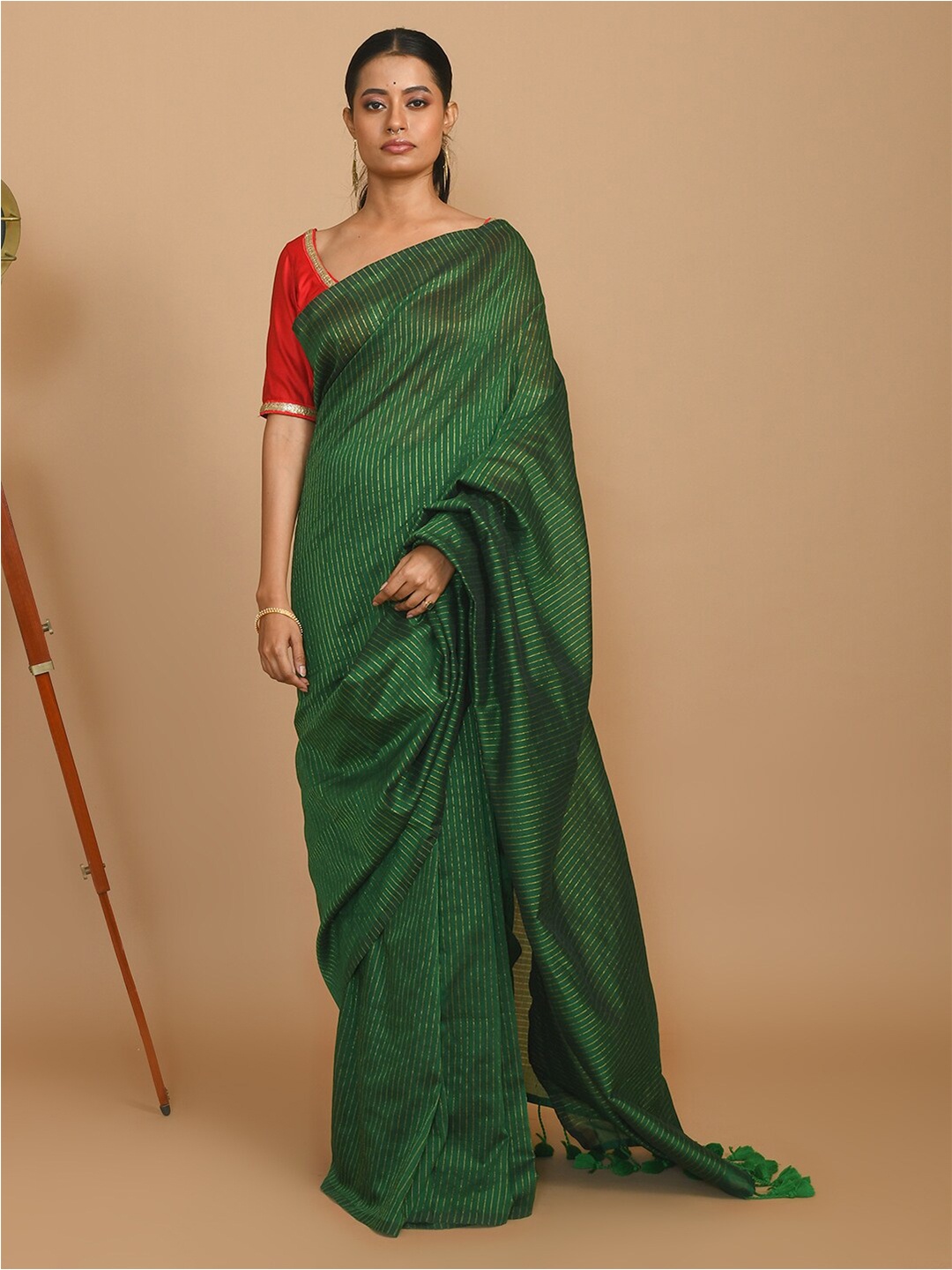

Indethnic Striped Printed Saree, Green