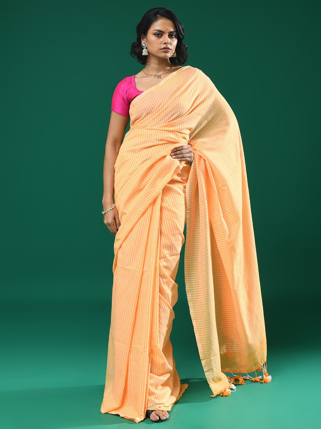 Indethnic Striped Saree, Orange