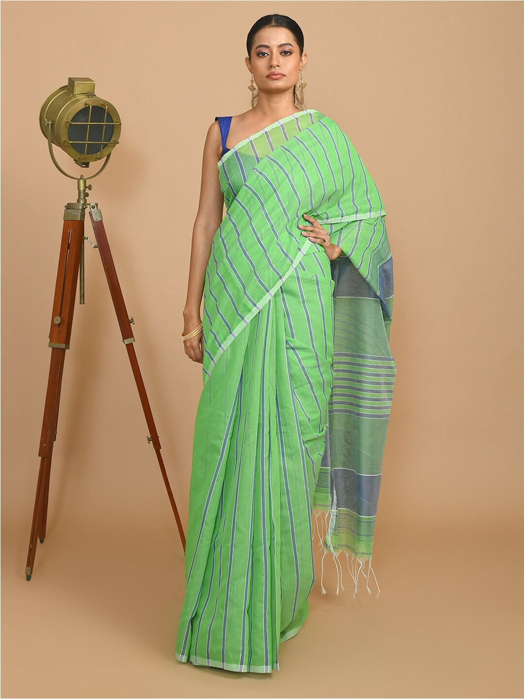 

Indethnic Ethnic Striped Saree, Lime green