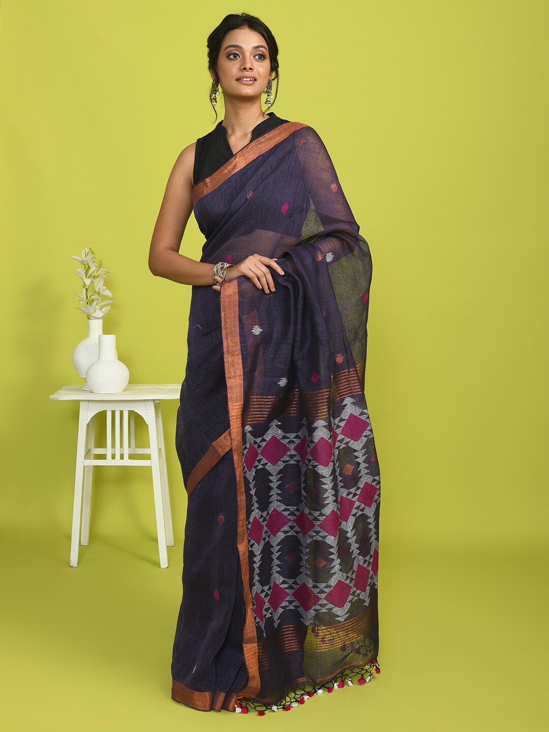 

Indethnic Geometric Woven Design Pure Linen Jamdani Zari Saree, Purple