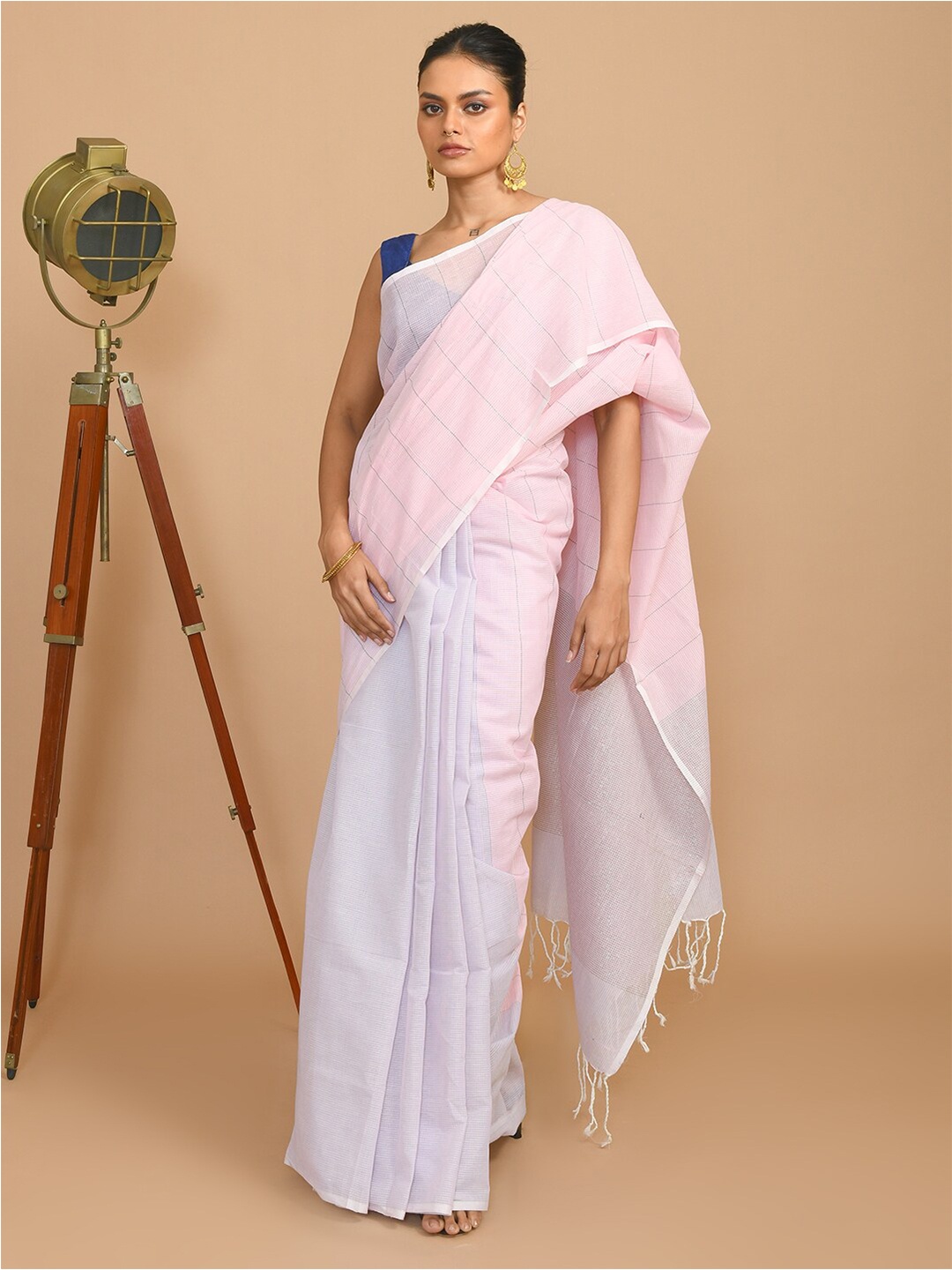 

Indethnic Striped Pure Cotton Saree, Pink