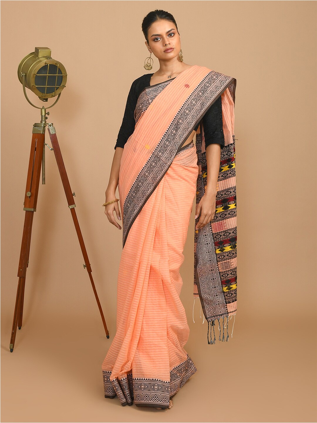 Indethnic Ethnic Woven Design Pure Cotton Jamdani Saree, Peach