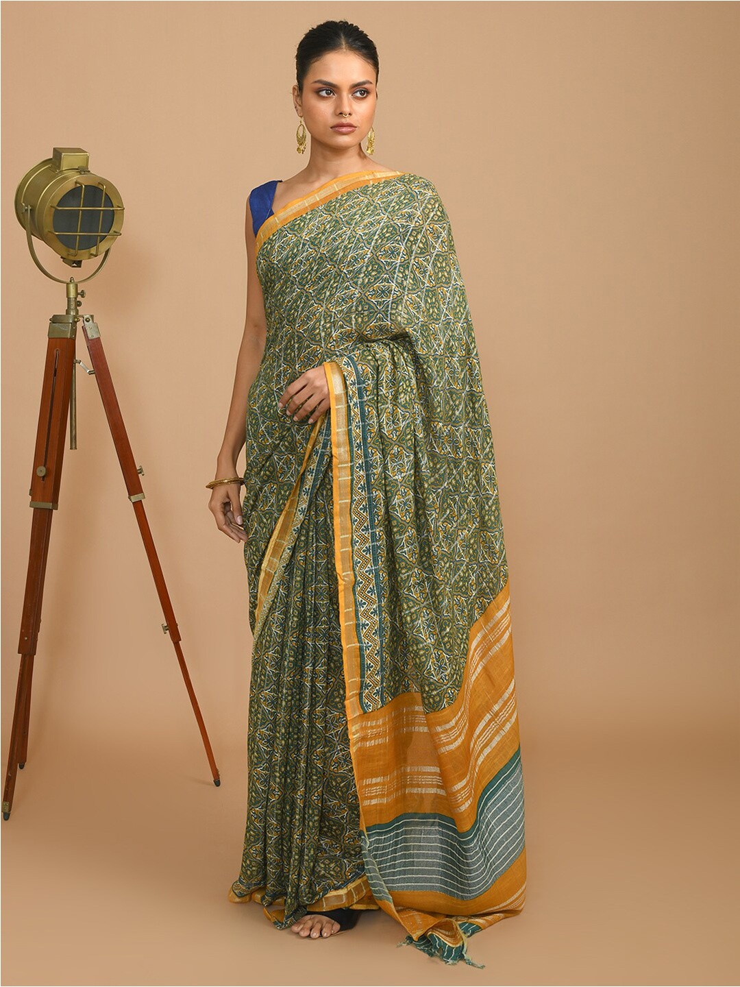 

Indethnic Ajrak Block Zari Bhagalpuri Saree, Green