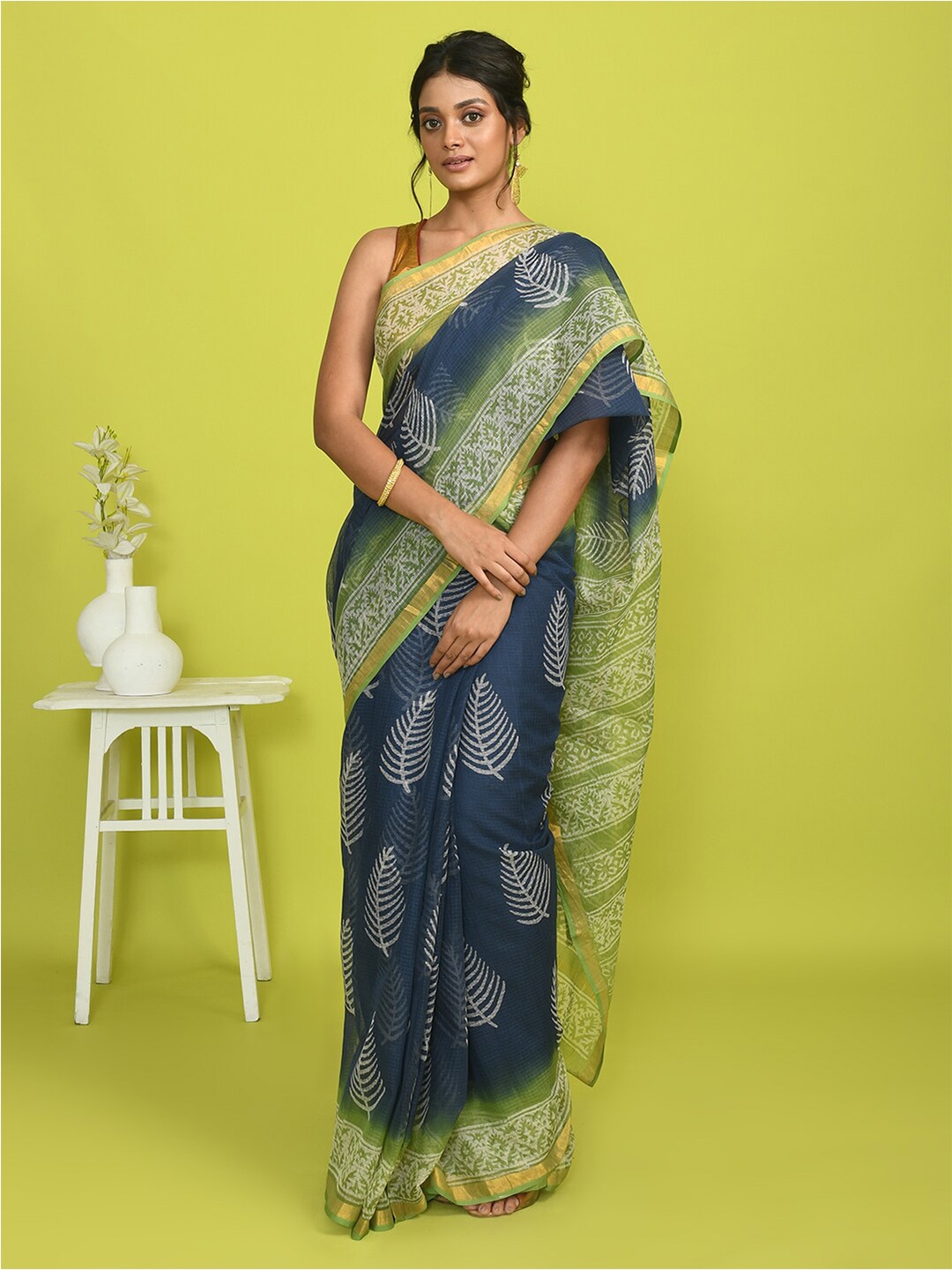

Indethnic Floral Printed Silk Cotton Bagru Saree, Blue