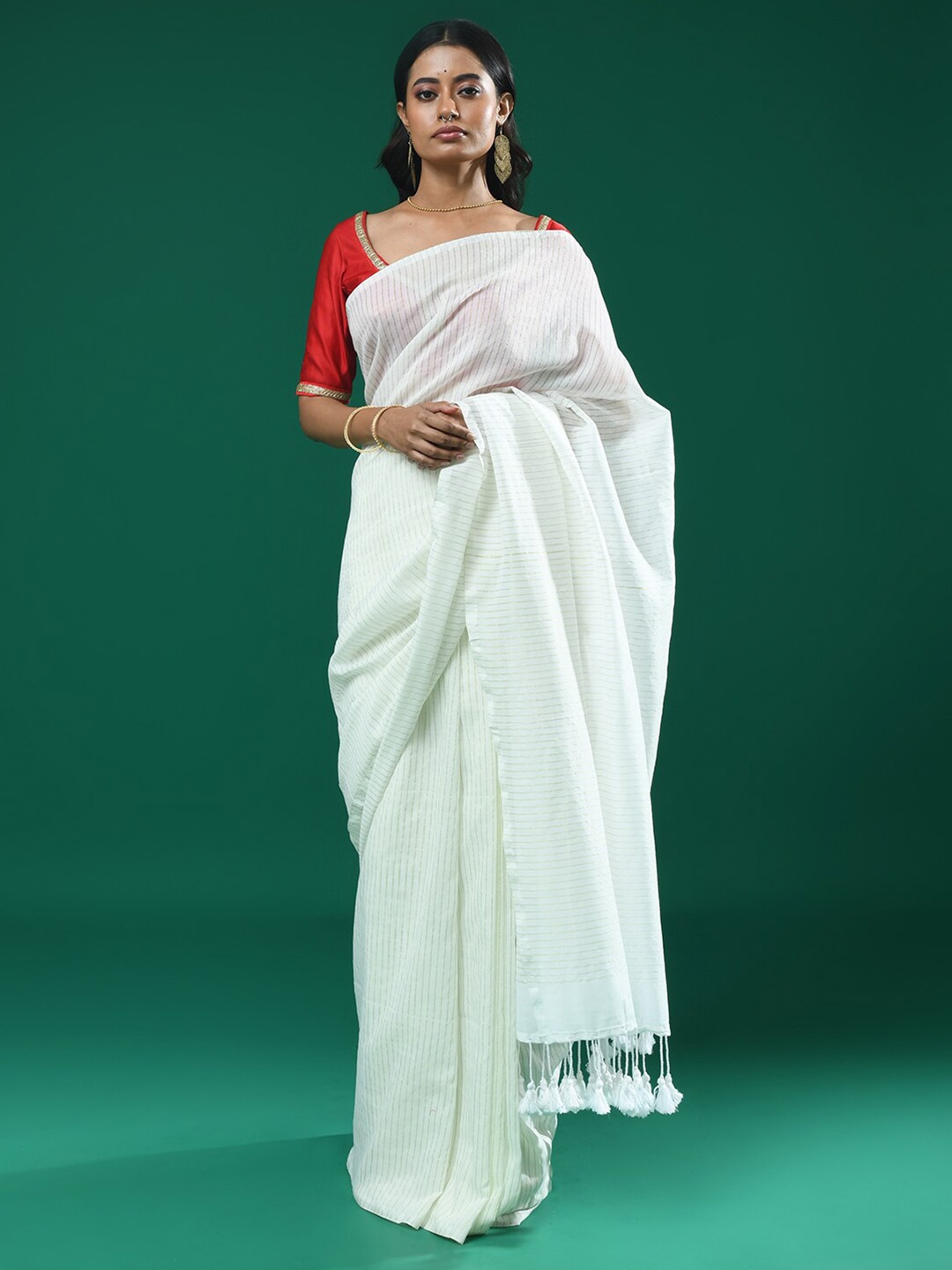 

Indethnic Striped Woven Design Saree, White
