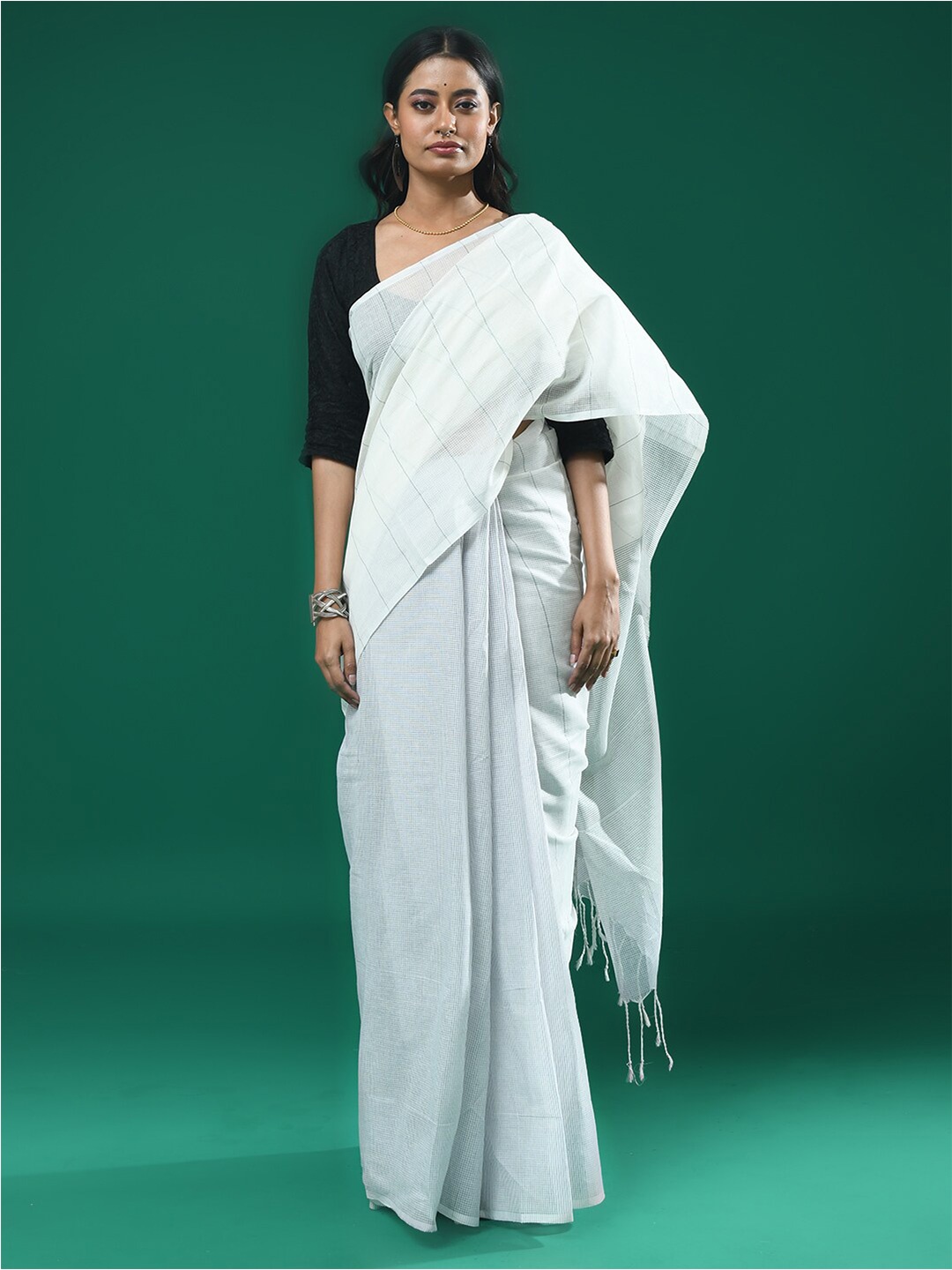 

Indethnic Striped Printed Zari Pure Cotton Saree, White