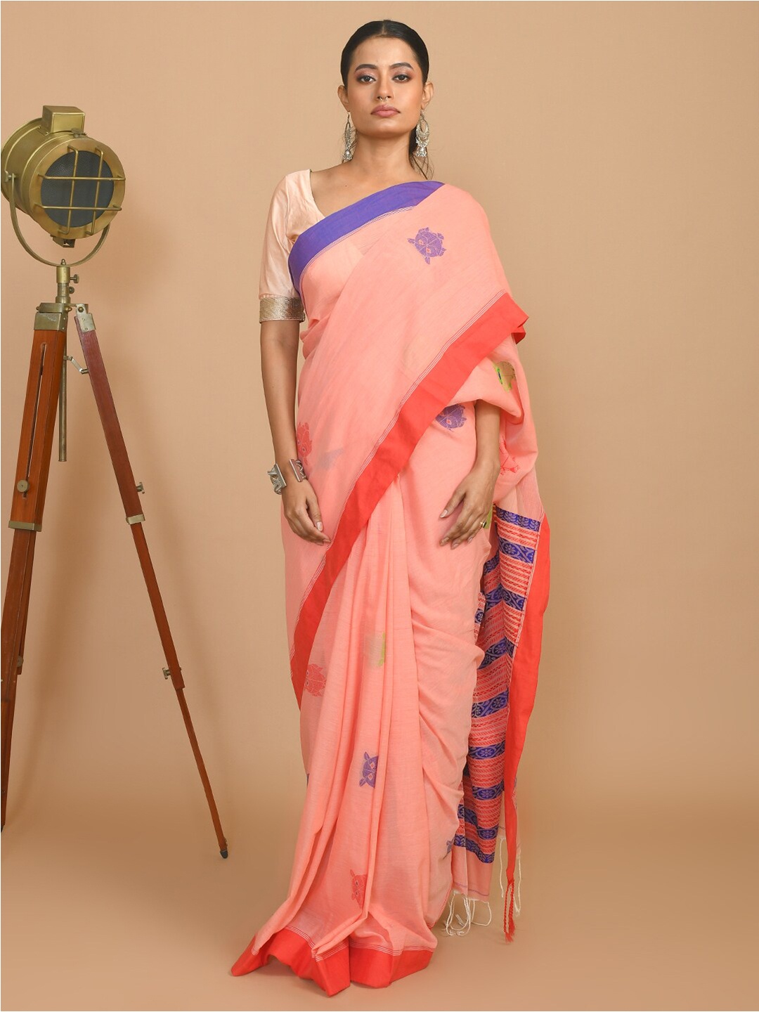 Indethnic Ethnic Motif Woven Design Pure Cotton Jamdani Saree, Pink
