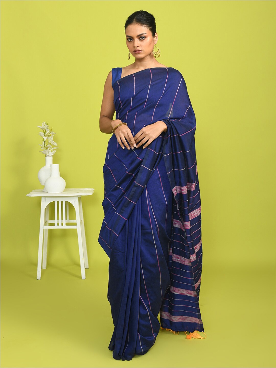 

Indethnic Striped Woven Design Saree, Blue