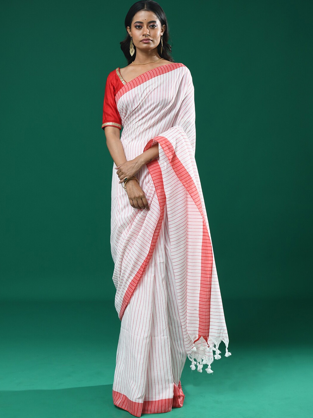 

Indethnic Striped Woven Design Saree, White