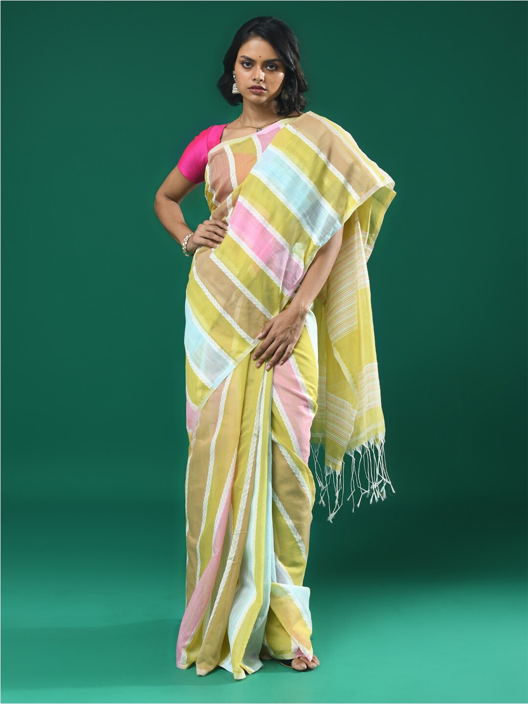 

Indethnic Ethnic Striped Saree, Yellow