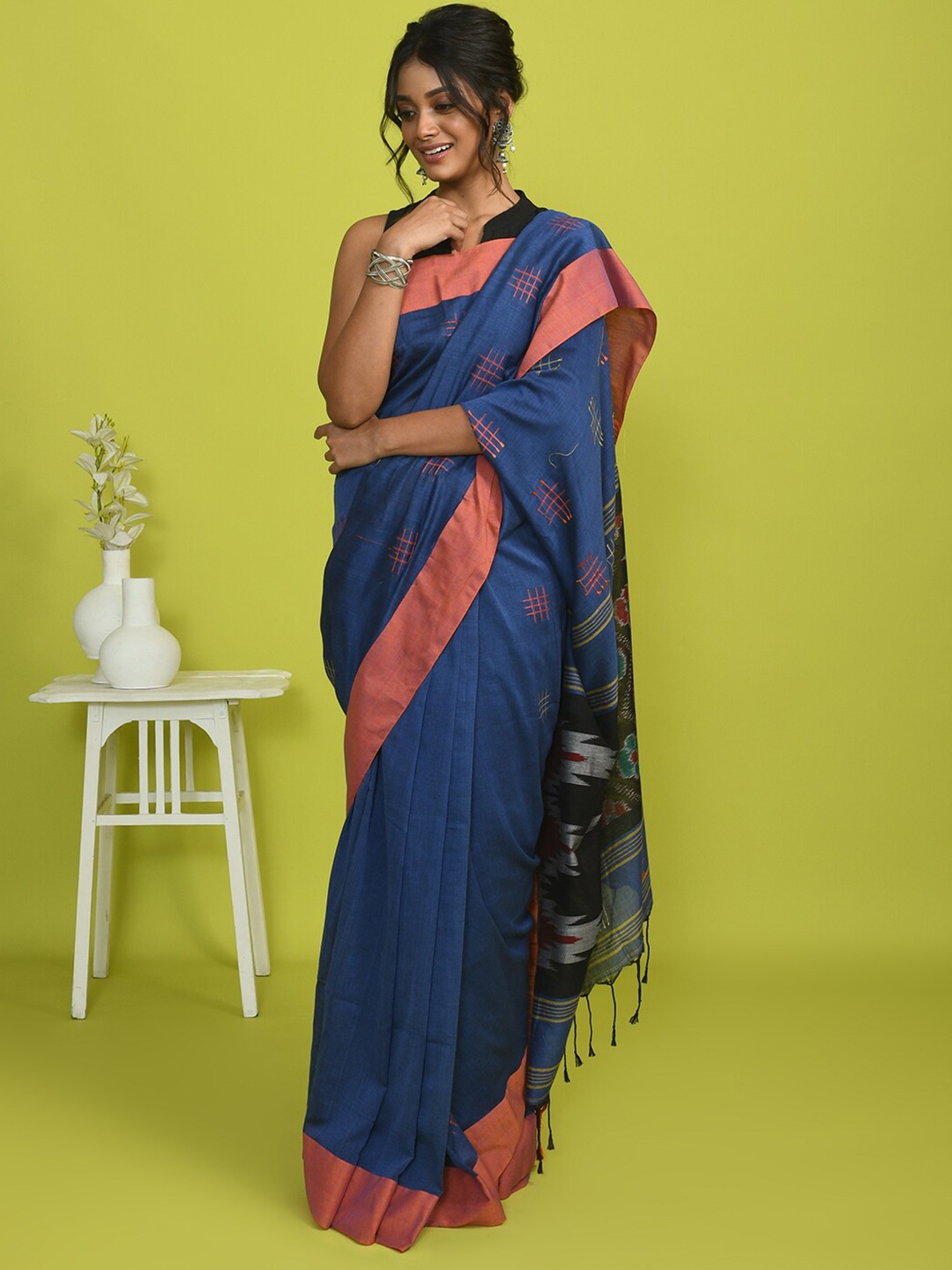 

Indethnic Geometric Woven Design Pure Cotton Ikat Saree, Blue