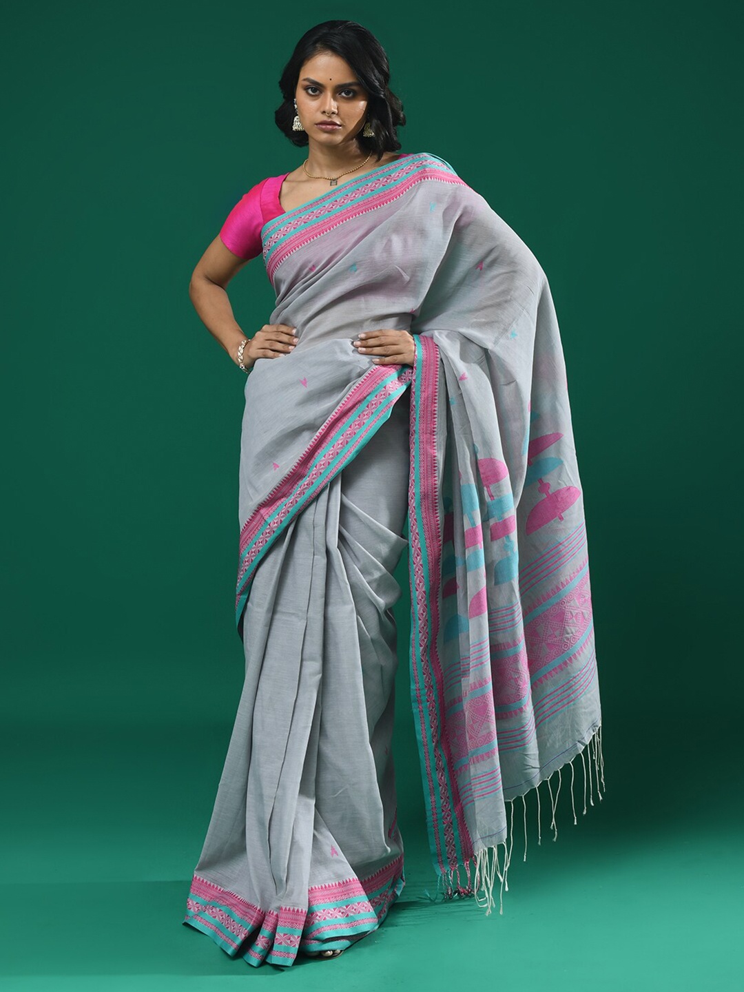 

Indethnic Woven Design Pure Cotton Jamdani Saree, Grey