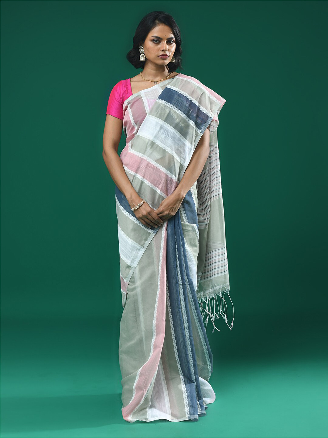 

Indethnic Striped Colourblocked Saree, Grey