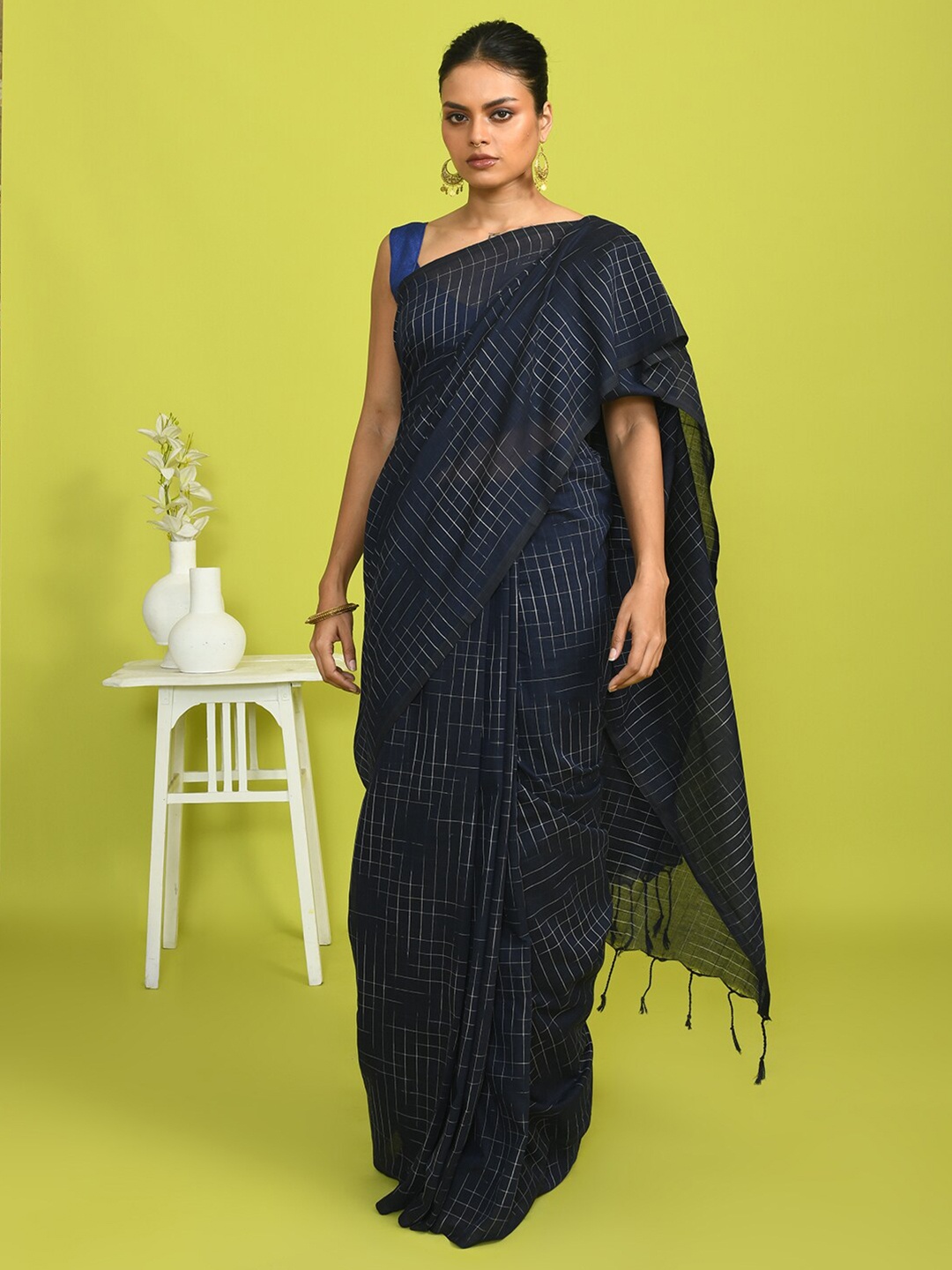 

Indethnic Striped Woven Design Saree, Blue