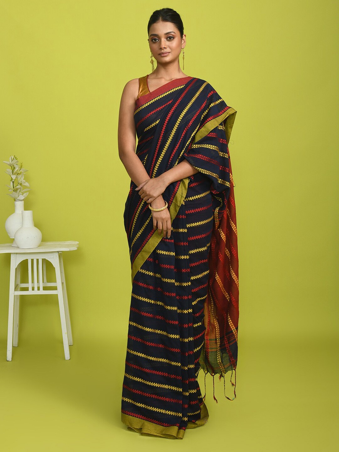 

Indethnic Striped Woven Design Pure Cotton Jamdani Saree, Blue