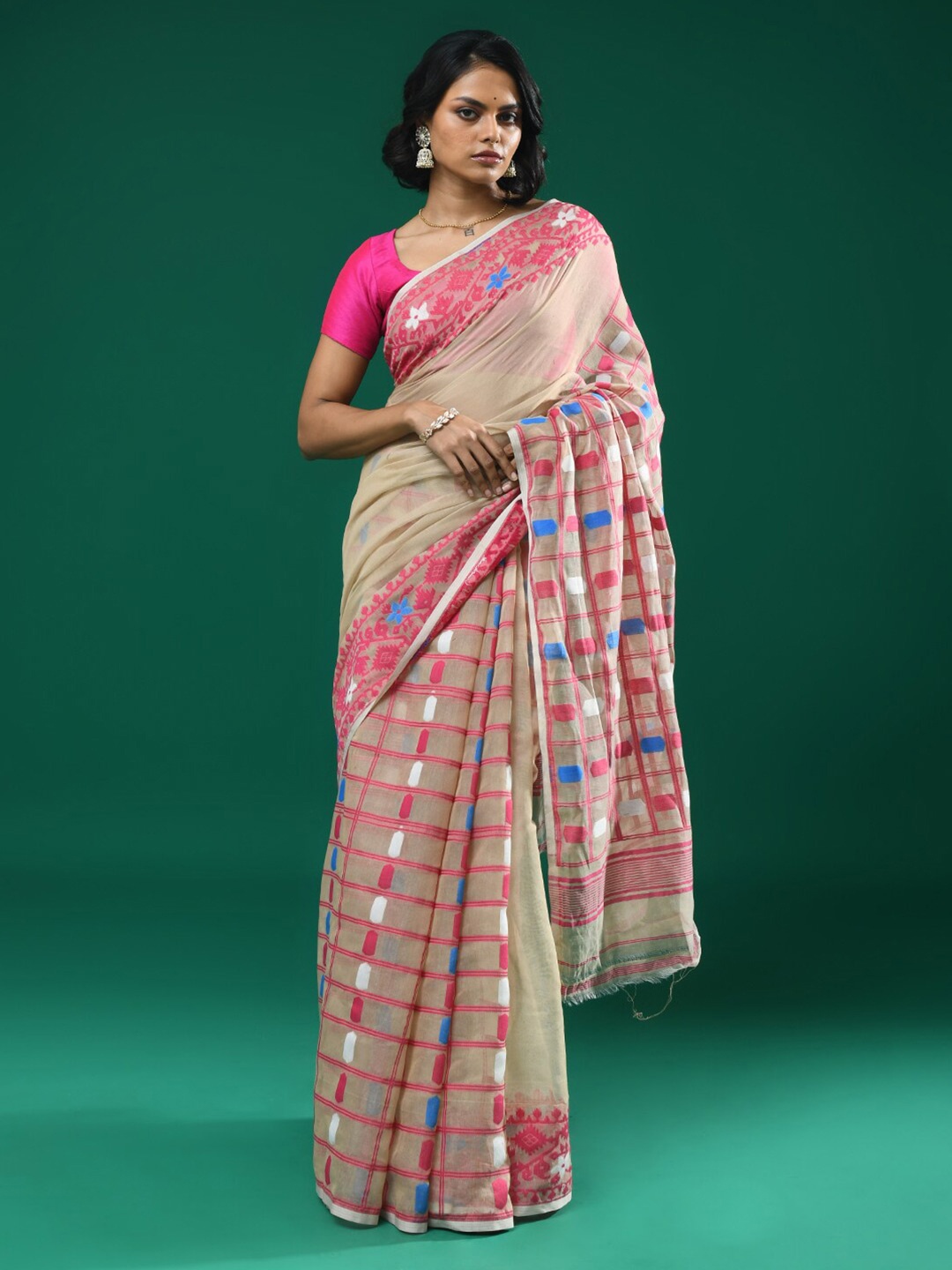 

Indethnic Checked Woven Design Jamdani Saree, Pink