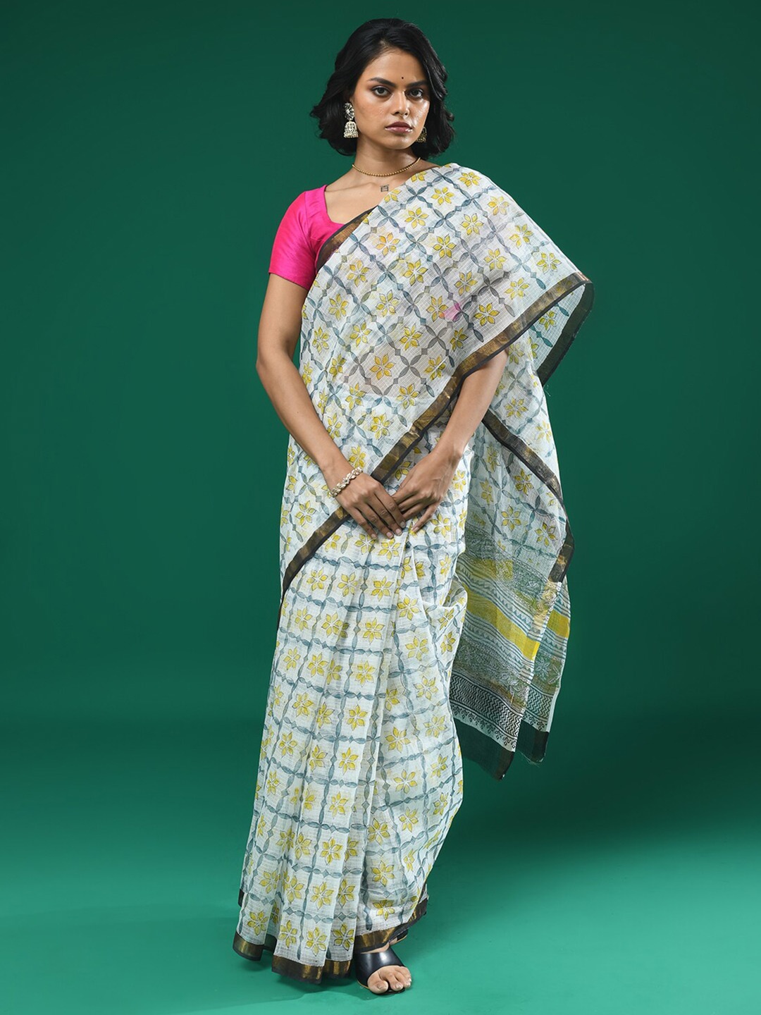 

Indethnic Floral Printed Zari Silk Cotton Bagru Saree, White