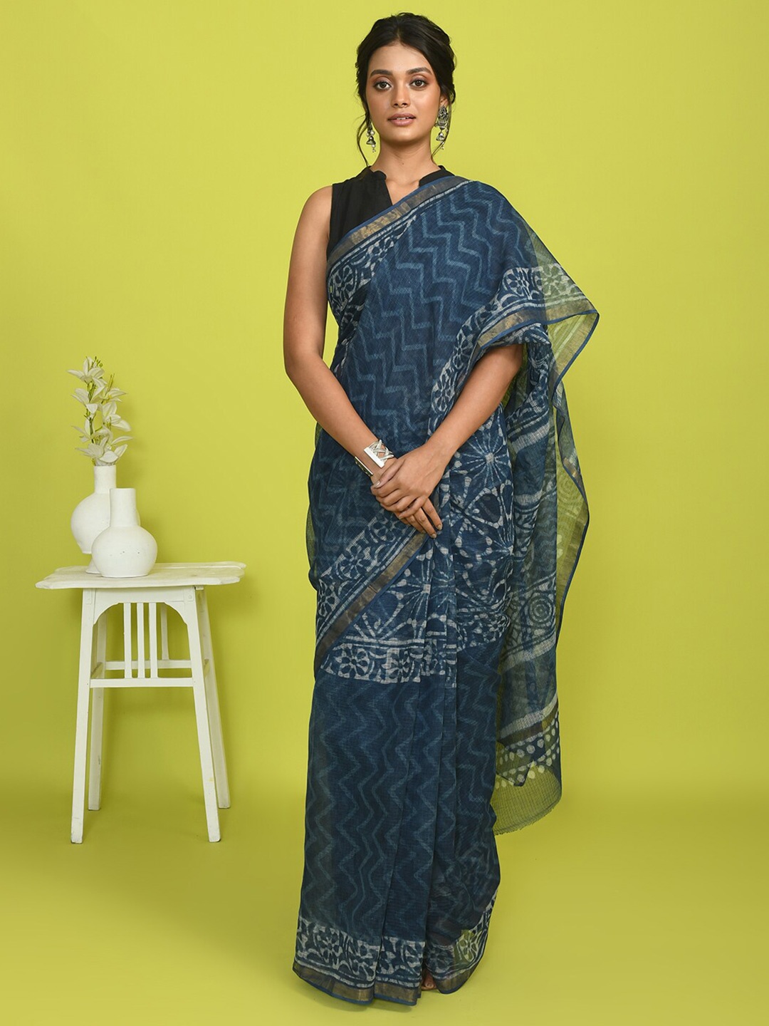 Indethnic Geometric Printed Silk Cotton Bagru Zari Saree, Navy blue